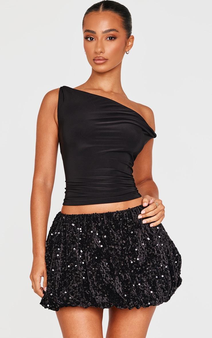 Petite Black Sequin Belt Detail Puffball Mini Skirt product image