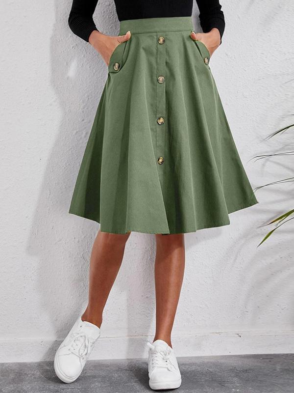 Casual A-Line Buttoned Pleated Solid Color Skirts Product Image