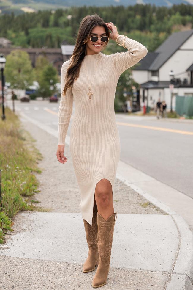 Next In Line Taupe Split Leg Mock Neck Midi Dress Product Image