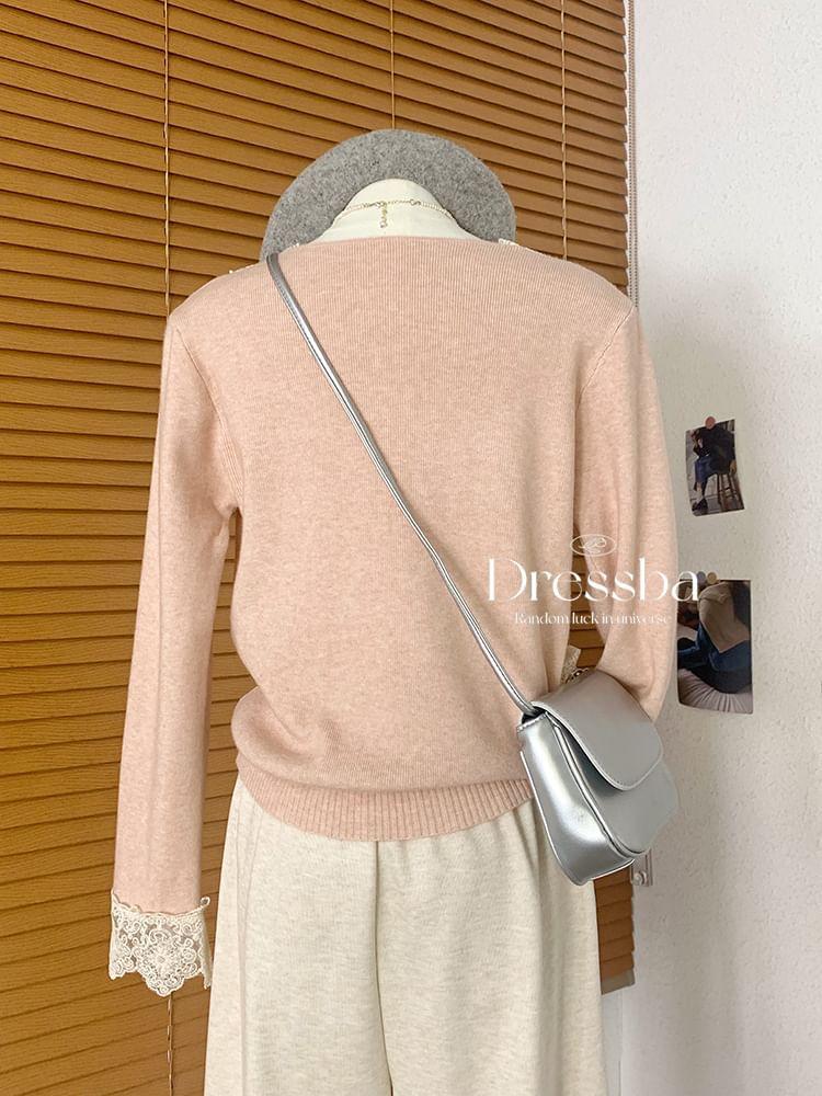 Long Sleeve V-Neck Button Panel Lace Knit Top Product Image