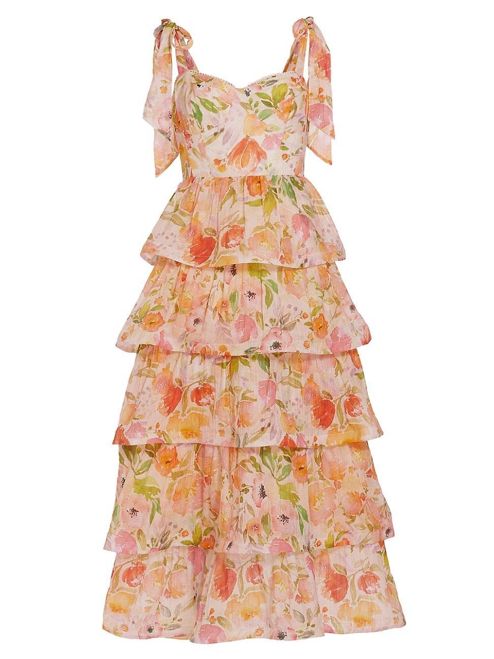 Womens Zirconia Floral Ruffled Maxi Dress Product Image