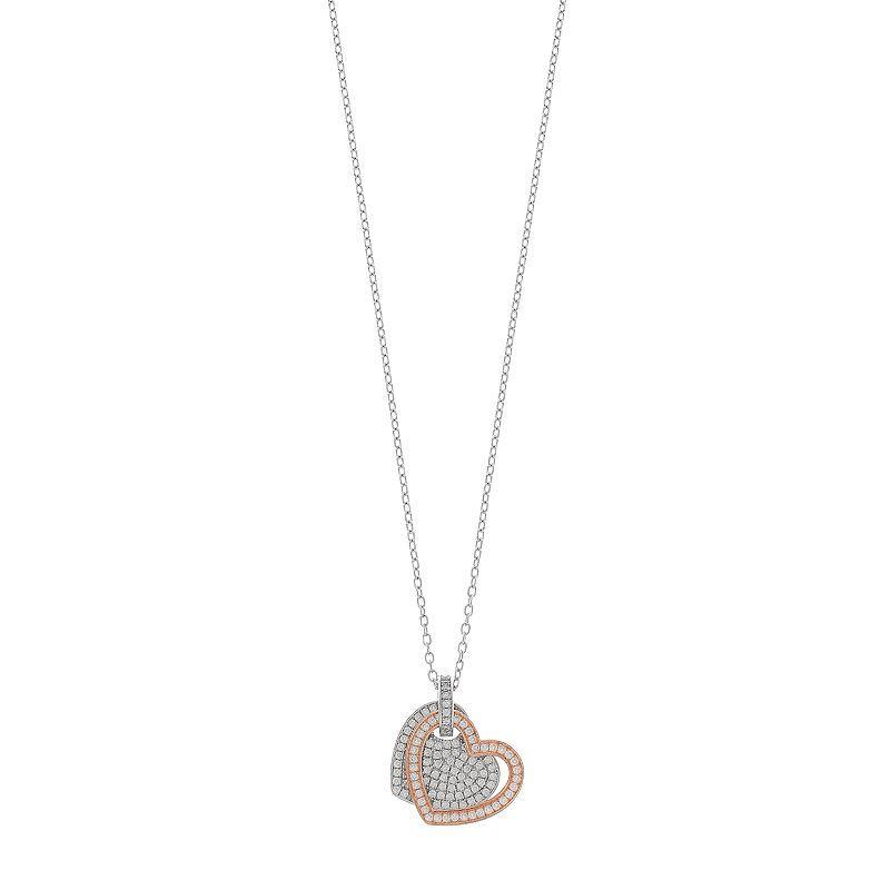 Two Tone Sterling Silver Double Heart Pendant Necklace, Womens Product Image