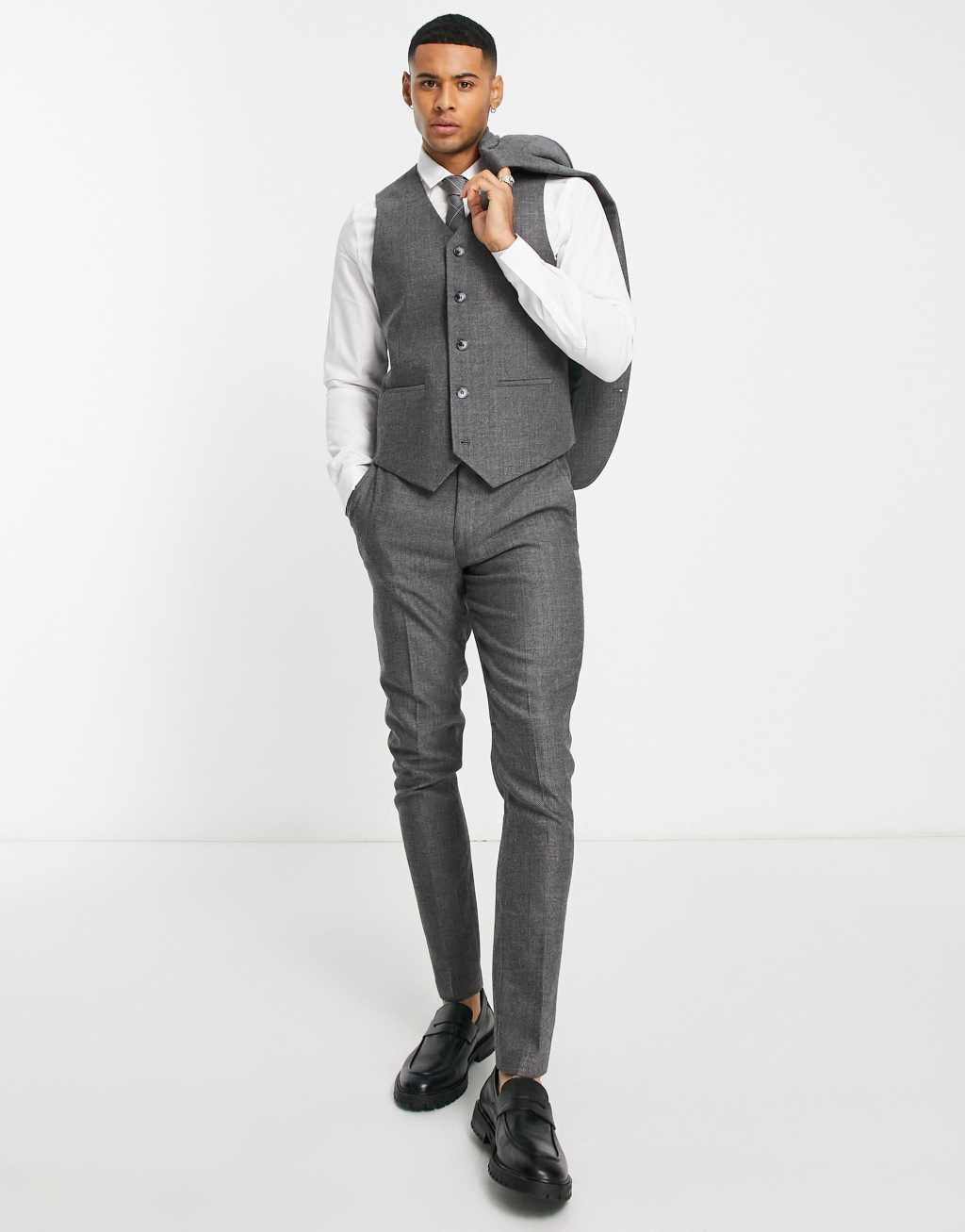 ASOS DESIGN wedding skinny wool mix suit suit vest in charcoal herringbone Product Image