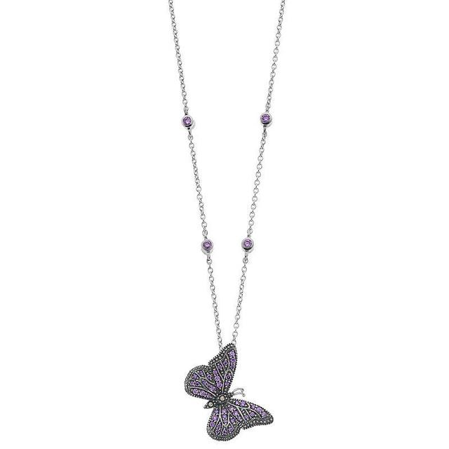 Lavish by TJM Sterling Silver Purple Cubic Zirconia & Marcasite Butterfly Pendant, Womens Silver Tone Product Image