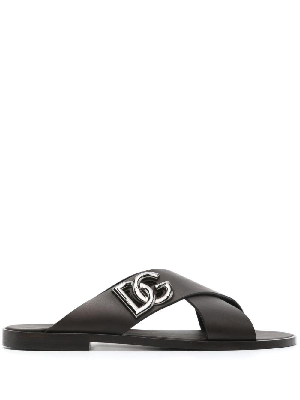 Black Sandals With Criss Cross Bands And Logo Detail In Leather Man In Nero Product Image