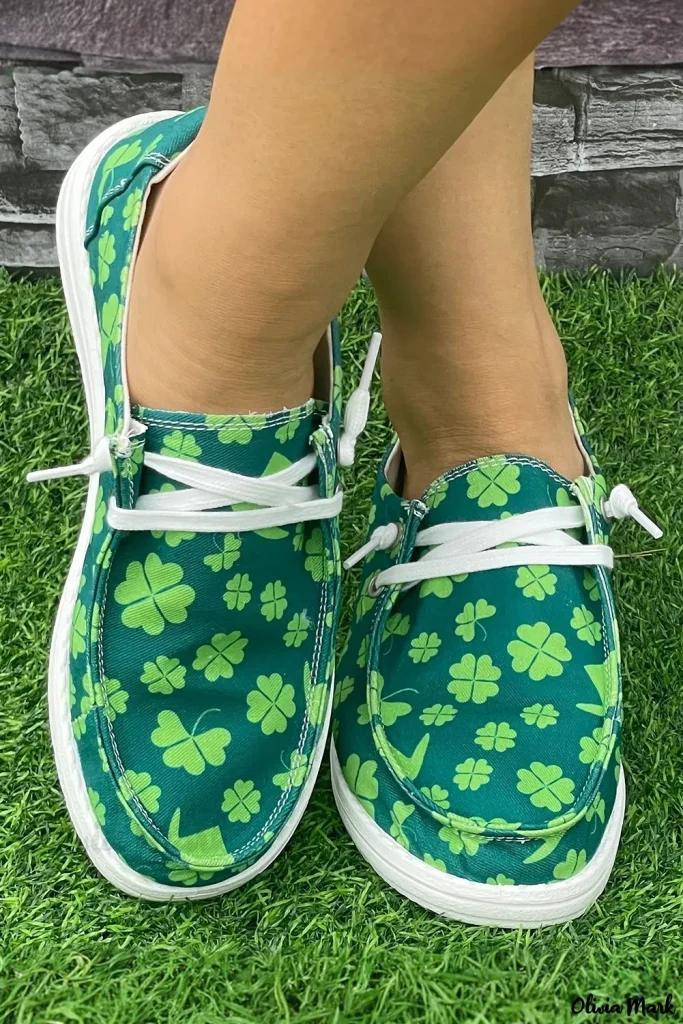 Olivia Mark – Criss Cross Slip On Canvas Shoes with Blackish Green Clover Print Product Image