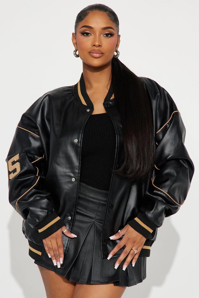 Cozy In Brooklyn Faux Leather Bomber Jacket - Black Product Image