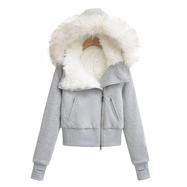 Long Sleeve Plain Fleeced Furry-Trim Hooded Zip-Up Jacket Product Image