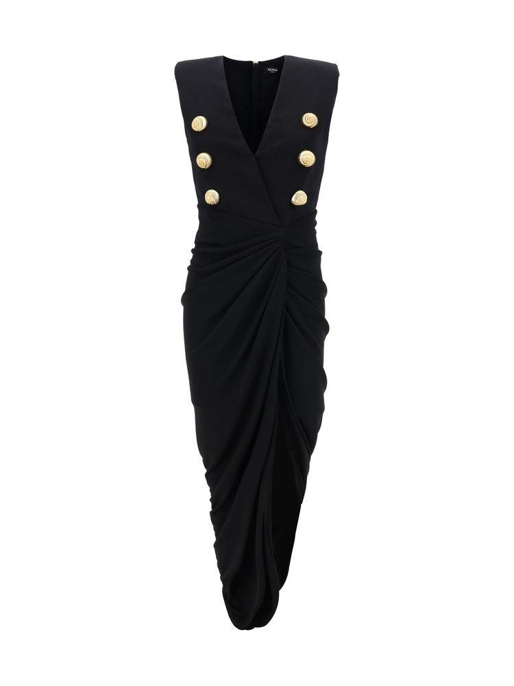 BALMAIN Ruched Crepe Tailored Maxi Dress In Black Product Image