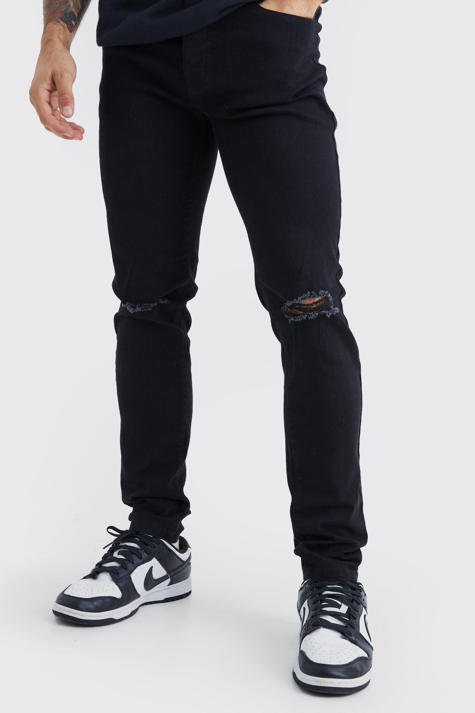 Mens Black Skinny Jeans With Slash Knee, Black Product Image