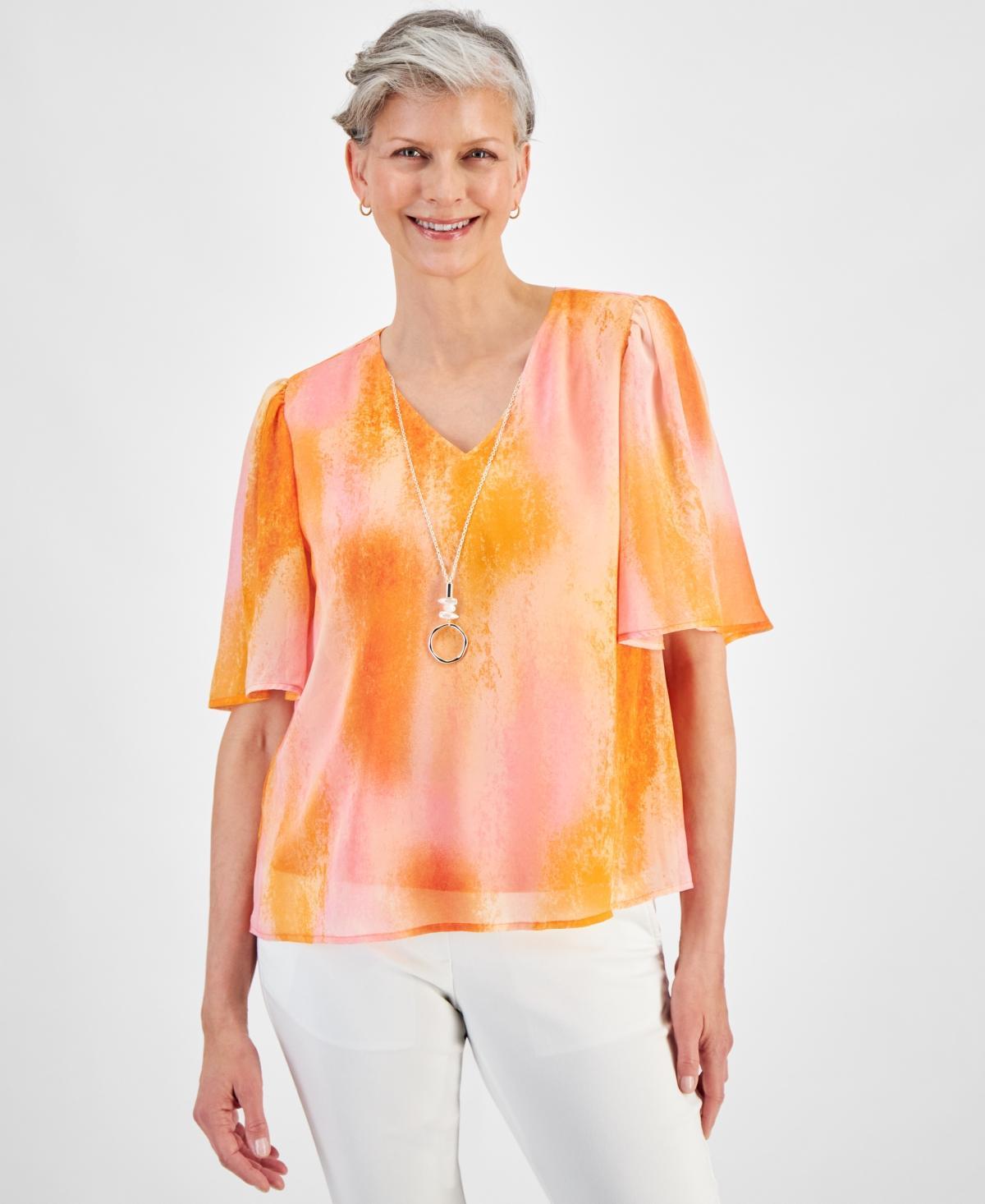 Women's Printed Elbow-Sleeve Necklace Top, Created for Macy's Product Image