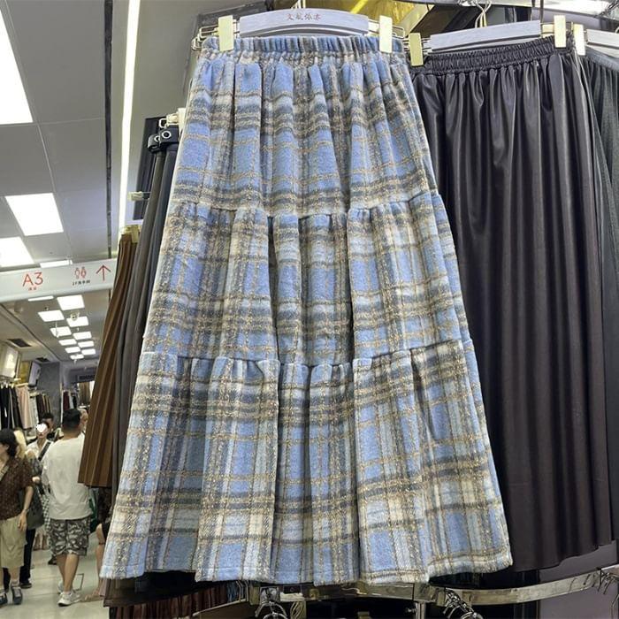 High Rise Plaid Midi A-Line Skirt Product Image