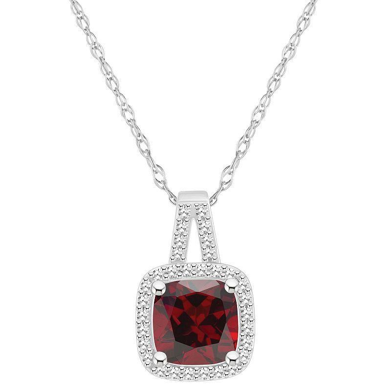 Celebration Gems Sterling Silver 7 mm Cushion Gemstone & 1/6 Carat T.W. Diamond Halo Pendant Necklace, Womens Red Product Image