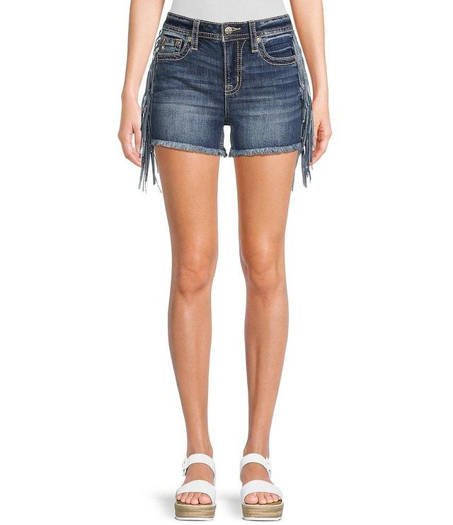 Miss Me High Rise Side Fringe Distressed Denim Shorts Product Image