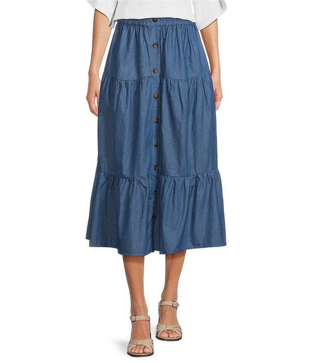 Calessa Cotton Tiered Smocked Back Button-Front A-Line Midi Skirt Product Image