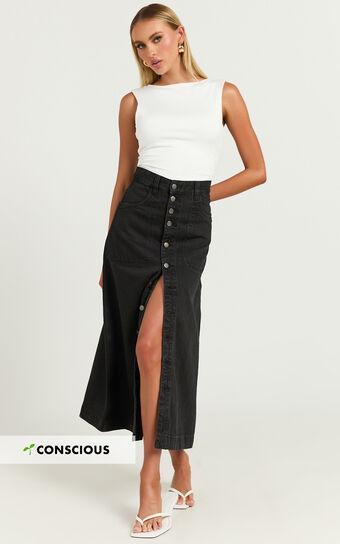 Alisa Midi Skirt - Button Through A Line Denim in Black Wash Product Image