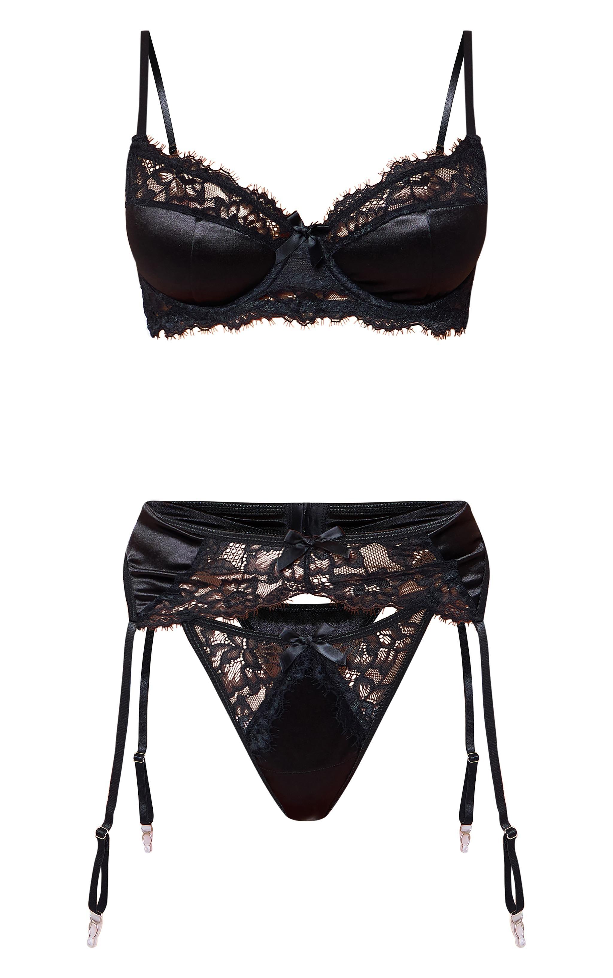 Black Satin Contrast Lace 3 Piece Lingerie Set Product Image