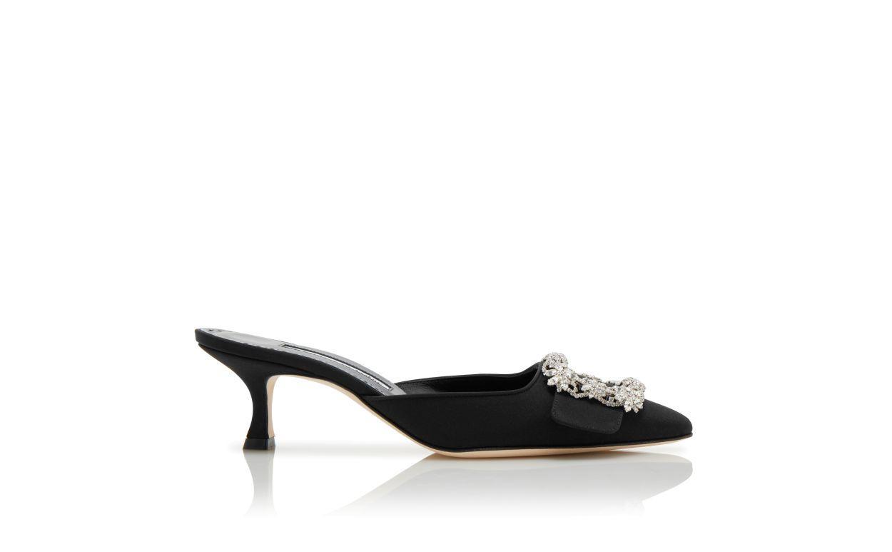 MAYSALE JEWEL Black Crepe De Chine Crystal Buckle Mules Product Image