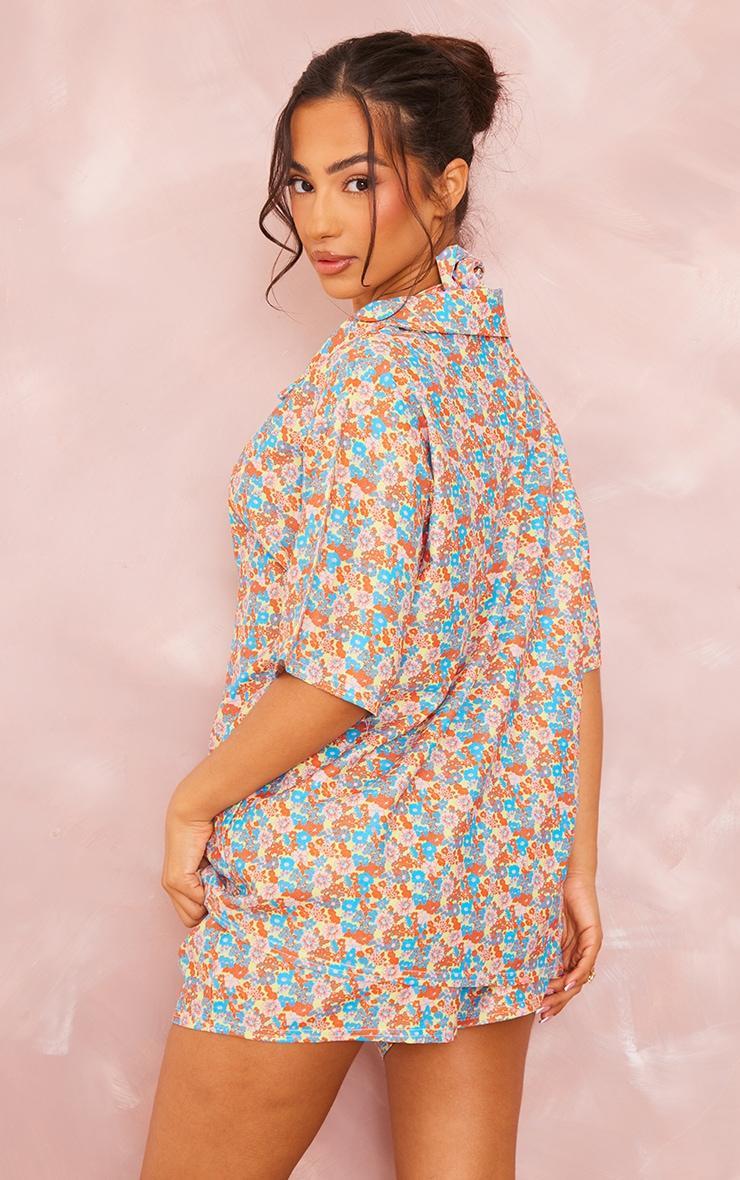 Blue Ditsy Floral Print Button Up Beach Shirt Product Image