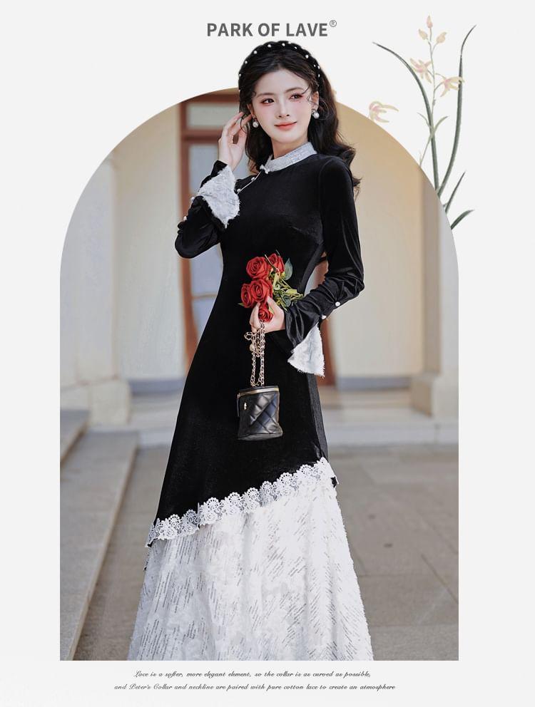 Long Sleeve Mandarin Collar Lace Trim Mock Two Piece Maxi A-Line Dress Product Image