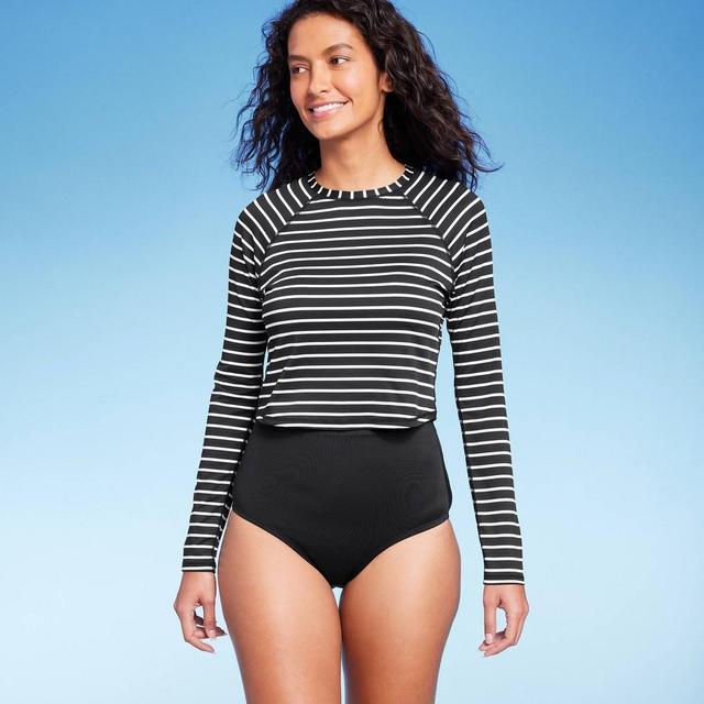 Womens UPF 50 Striped Cropped Crewneck Long Sleeve Rash Guard - Kona Sol Black Product Image