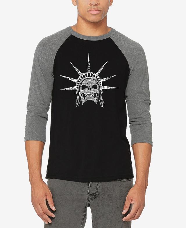 La Pop Art Mens Raglan Sleeves Freedom Skull Baseball Word Art T-shirt - Gray Product Image