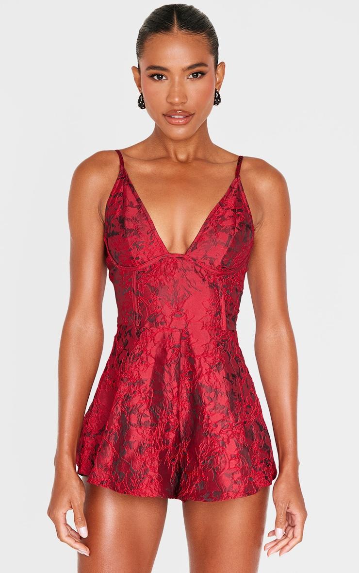 Burgundy Satin Jacquard Corset Detail Floaty Romper product image