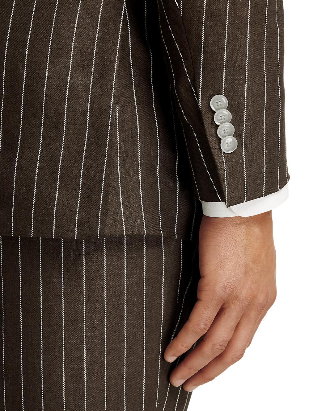 Linen Pinstripe Double Breasted Peak Lapel Suit Jacket - Dark Brown Product Image