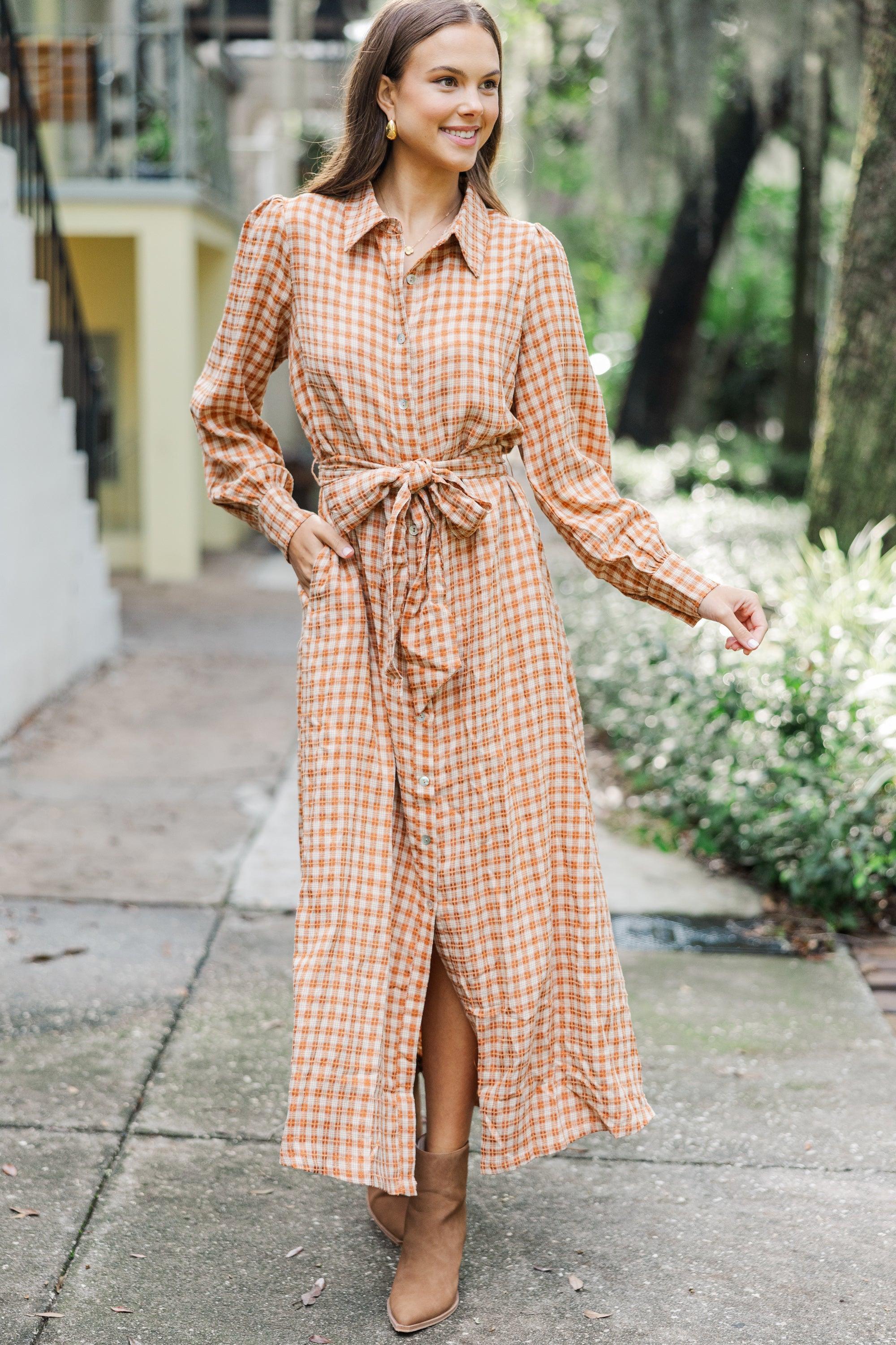 Harvest Wishes Rust Orange Gingham Midi Dress Female product image