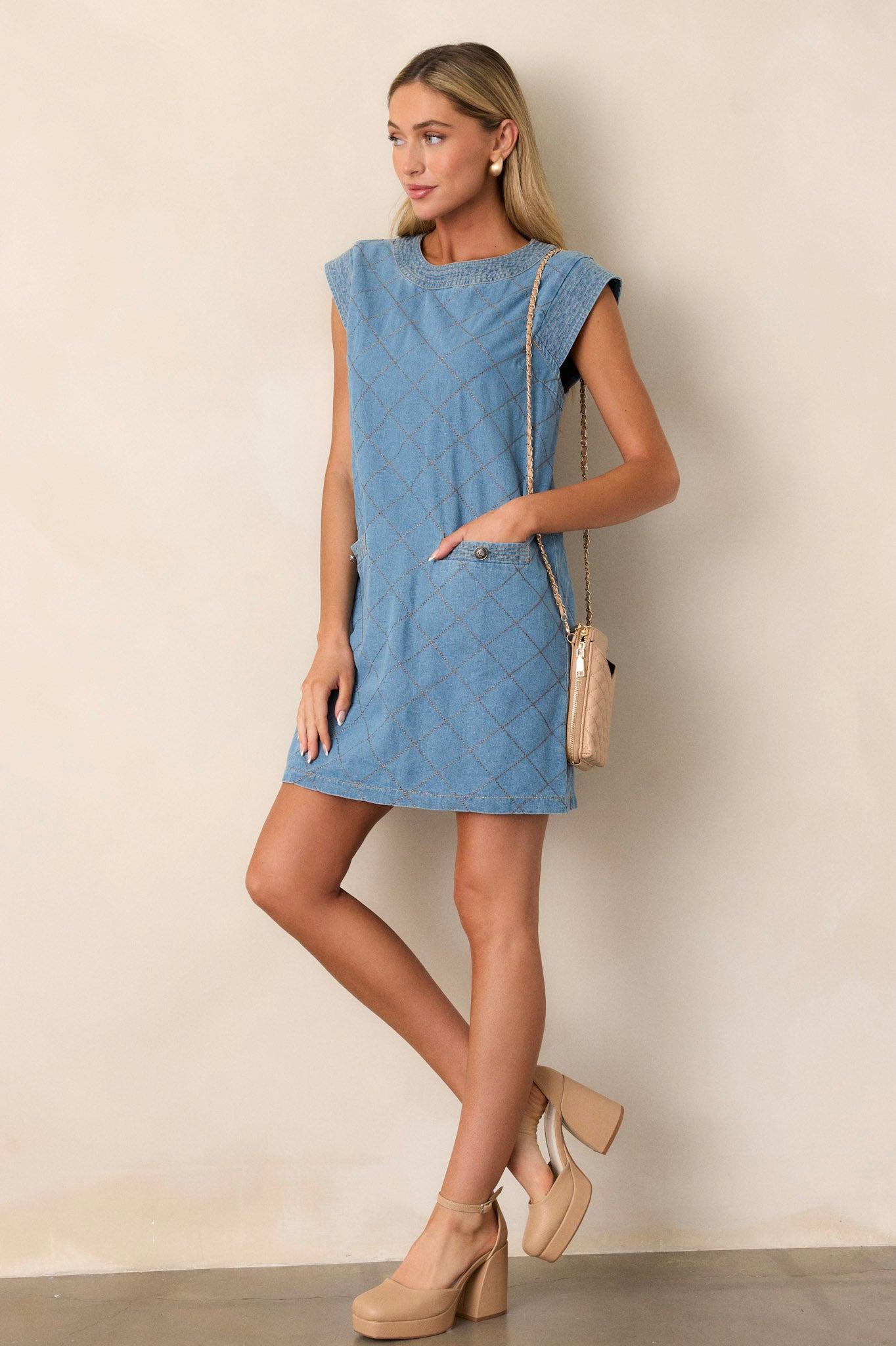 Just Wondering Light Chambray Quilted Mini Dress Product Image