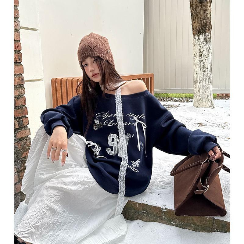 Long Sleeve Cold-Shoulder Lettering Print Lace Panel Loose-Fit Sweatshirt Product Image