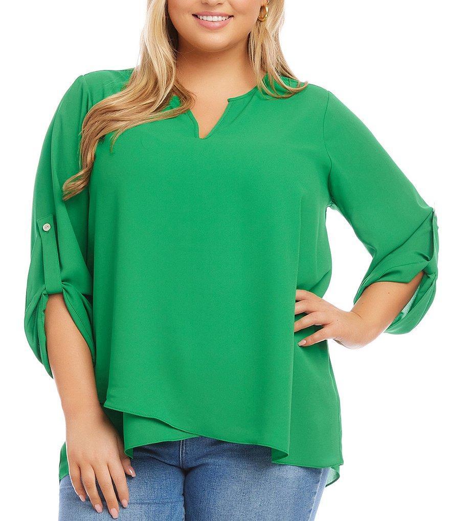 Karen Kane Plus Size Notch Neck 3/4 Roll-Tab Sleeve Tulip Front Hem Top Product Image