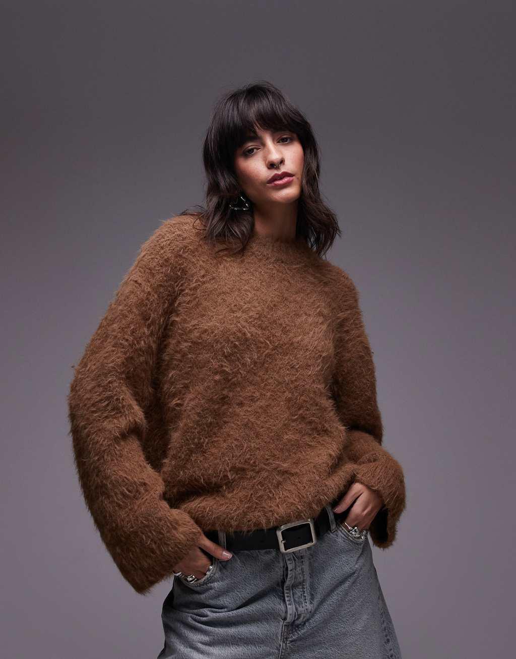 Topshop knitted ultra fluffy oversized sweater in toffee Product Image