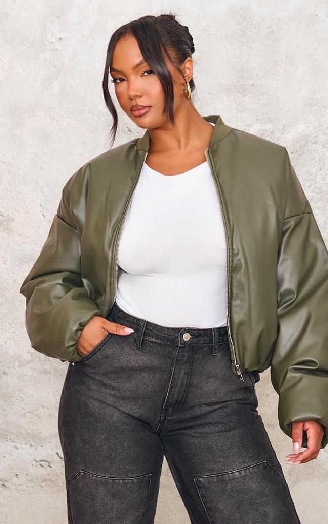 Plus Khaki Faux Leather Oversized Bomber Jacket Product Image