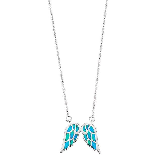 Sterling Silver Lab-Created Blue Opal Angel Wing Necklace, Womens Product Image