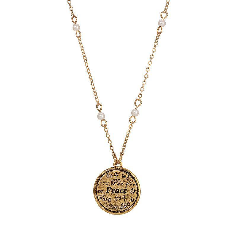 1928 Gold Tone And Pearl Multi Language Round Peace Medallion Necklace, Womens Product Image