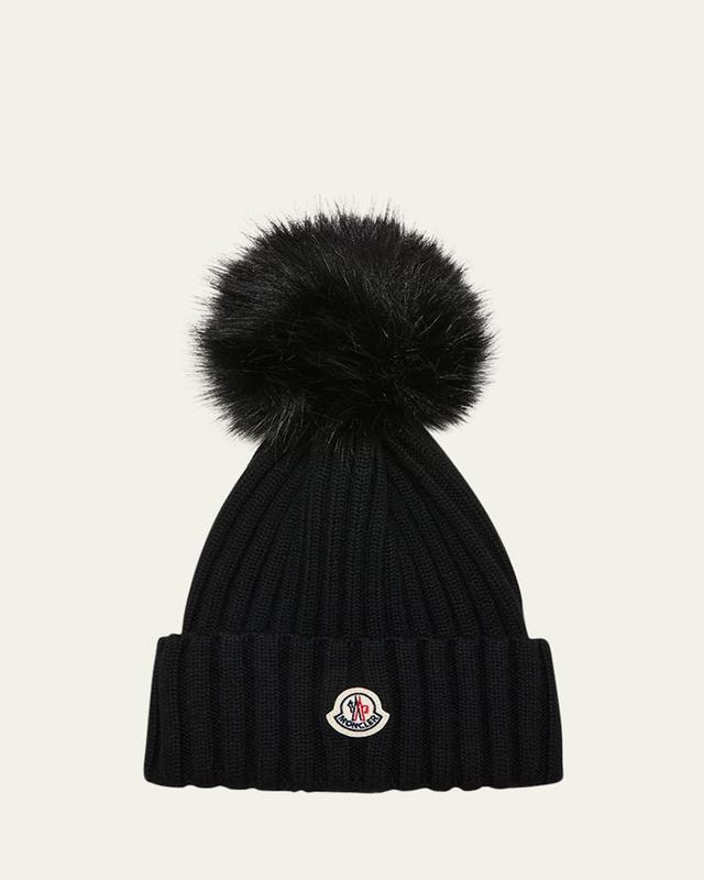 Moncler Virgin Wool Rib Beanie with Faux Fur Pompom Product Image