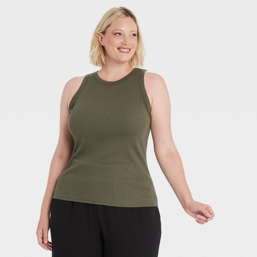 Womens Slim Fit Ribbed High Neck Tank Top - A New Day Olive 3X product image