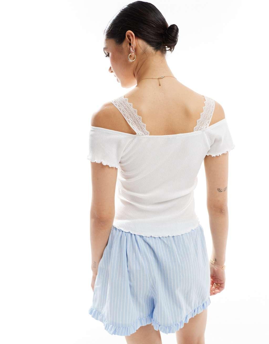 Miss Selfridge lace insert short sleeve top in white Product Image