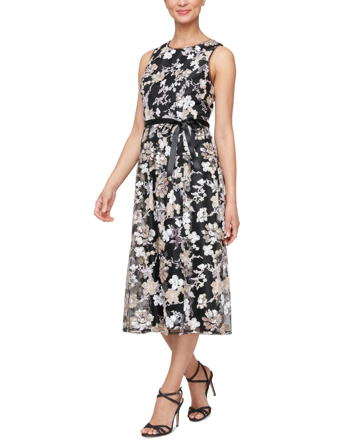 Alex Evenings Womens Sequin Floral Embroidered Sleeveless Fit & Flare Dress Product Image