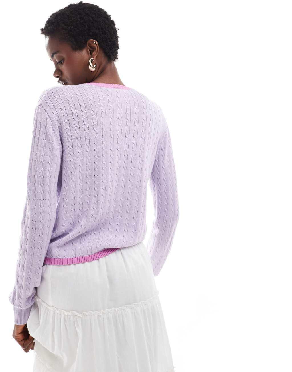 Monki button front cardigan in lilac with pink contrast trim Product Image