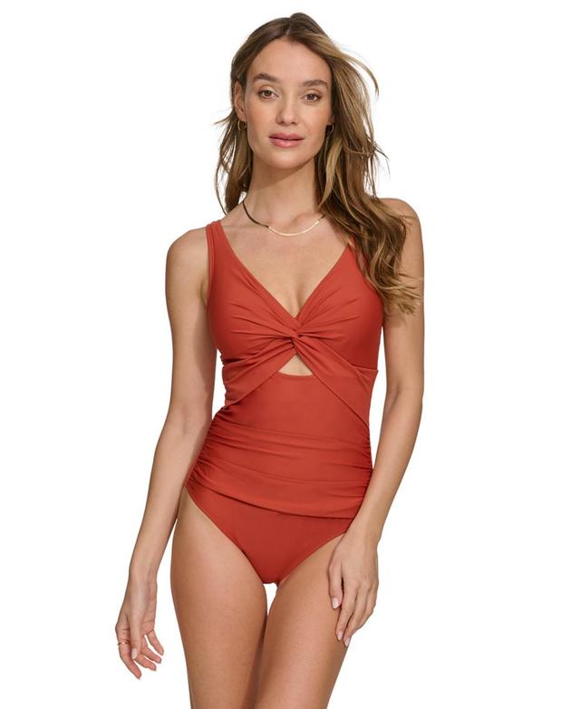 Dkny Womens Shirred Keyhole Detail One-Piece Swimsuit Product Image