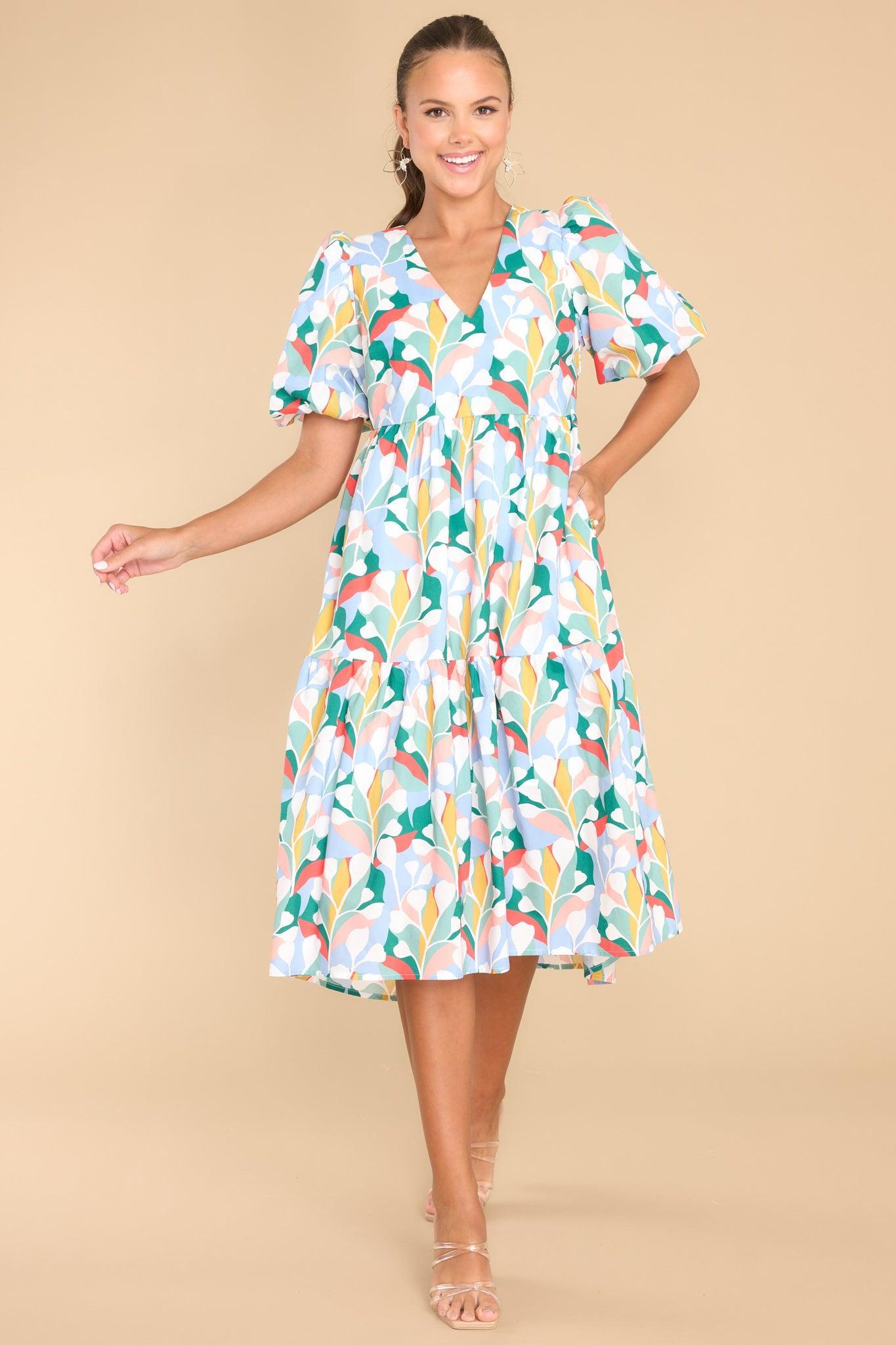 Aura Eyes In Paradise Sky Blue Multi Print Midi Dress Product Image