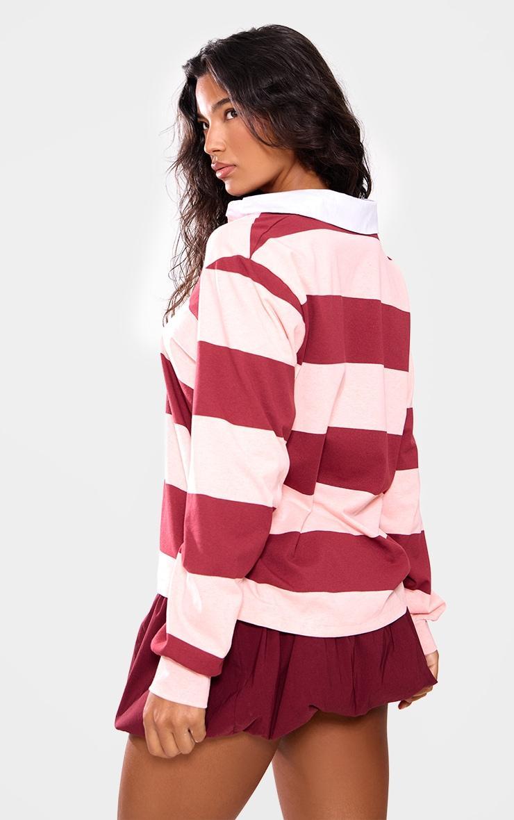 Burgundy Striped Collar Detail Long Sleeve T Shirt Product Image