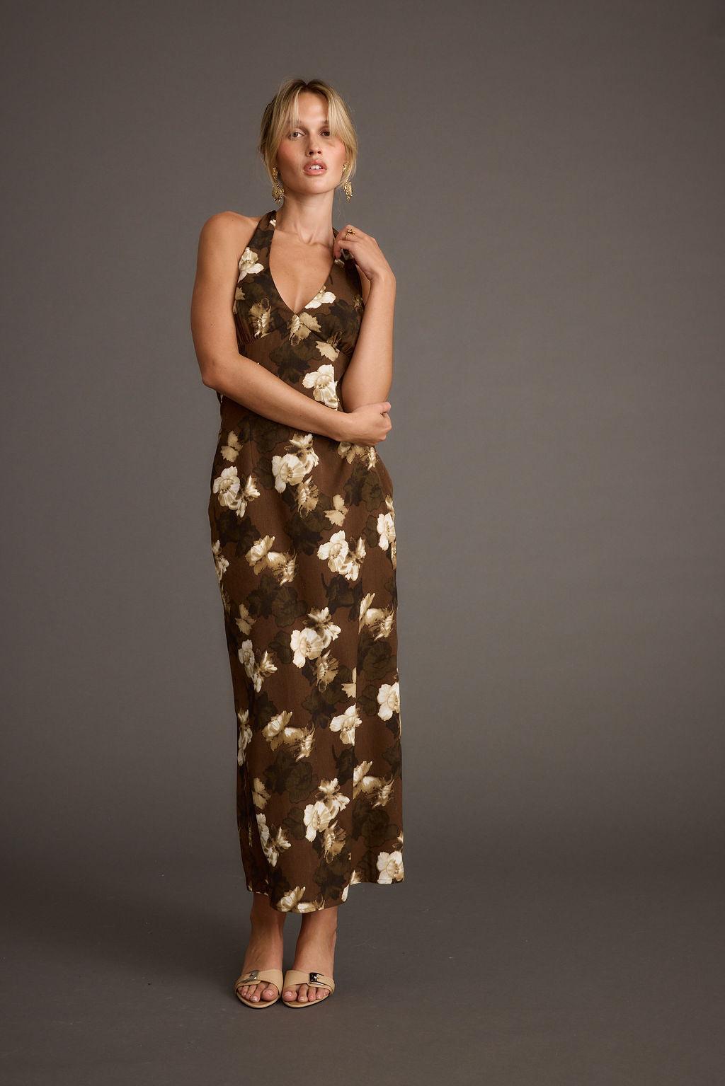 Audrina Brown Floral Halter Maxi Dress Product Image