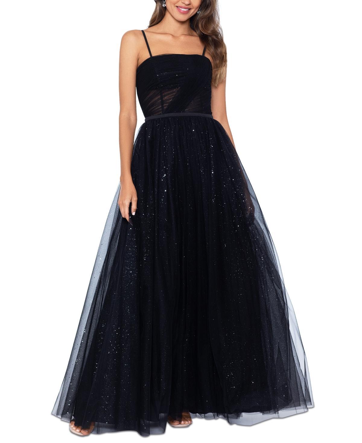 Betsy & Adam Long Glitter Mesh Ballgown Women's Dress Product Image