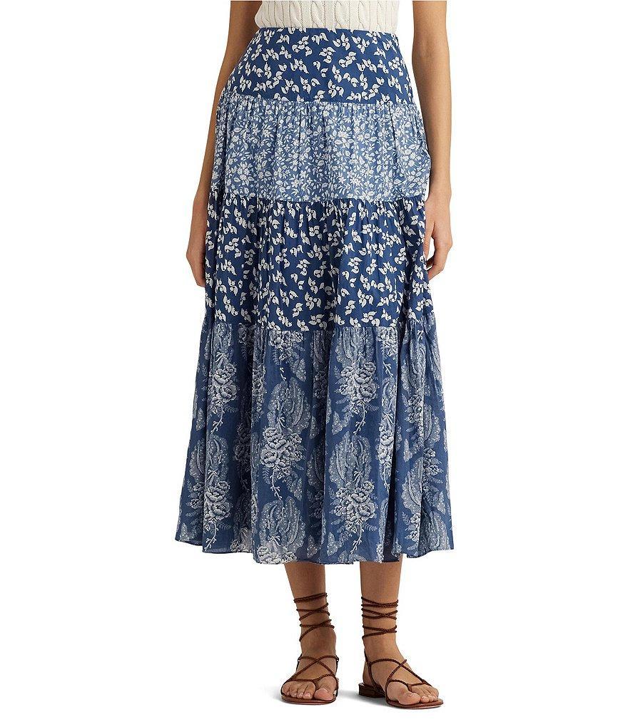 Lauren Ralph Lauren Patchwork Floral Voile Elastic Waist Tiered Midi A-Line Skirt Product Image