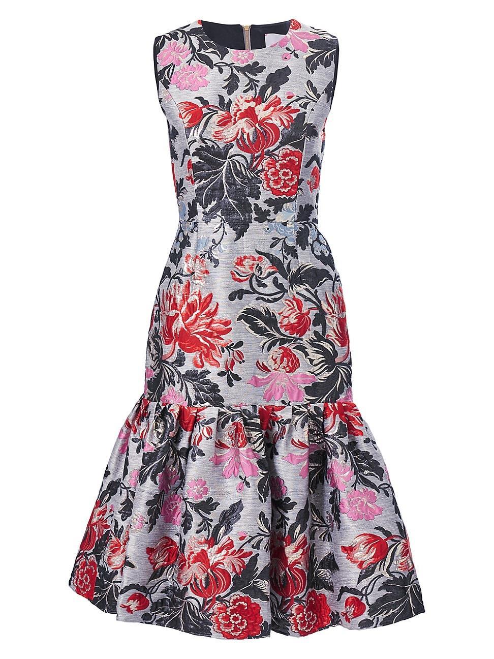 Womens Floral Jacquard Flounce Midi-Dress Product Image