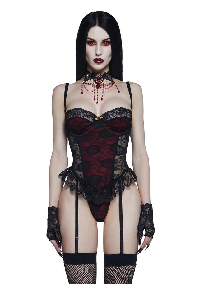 Widow Lace Satin Bodysuit With Attached Garters - Black/Red Product Image