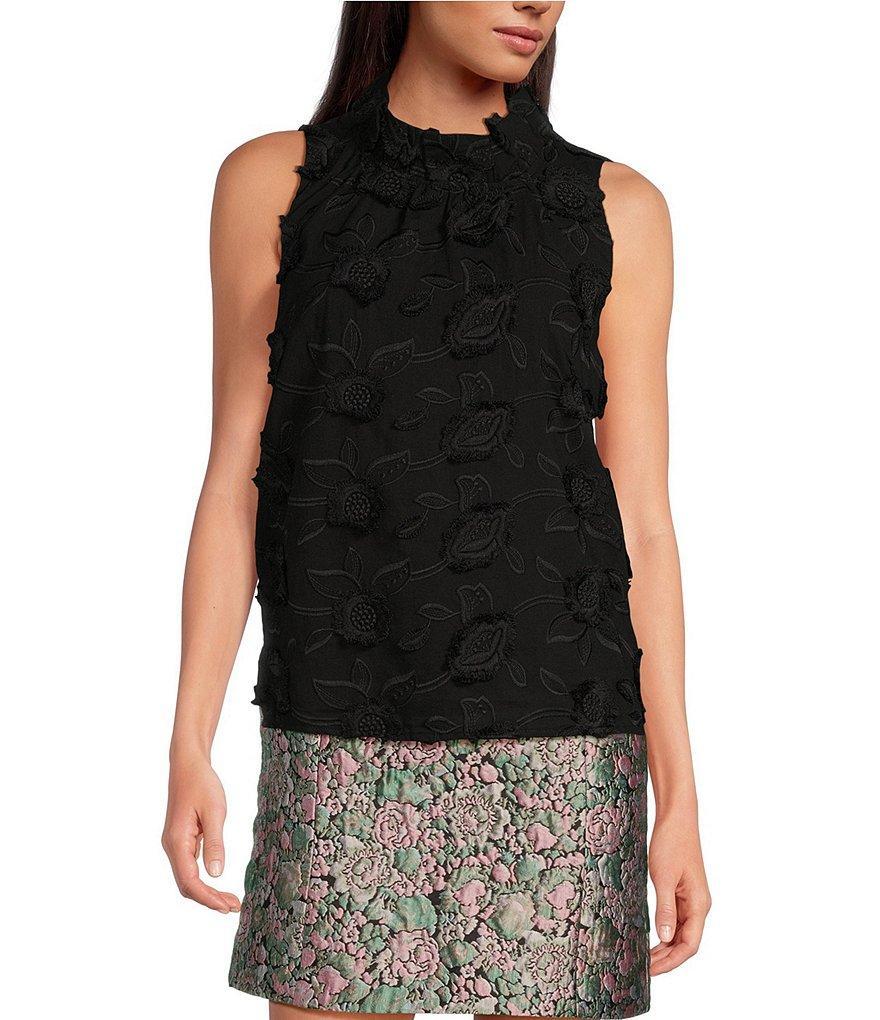 Abbey Glass Barbara Ruffle Mock Neck 3D Floral Detail Sleeveless Top Product Image